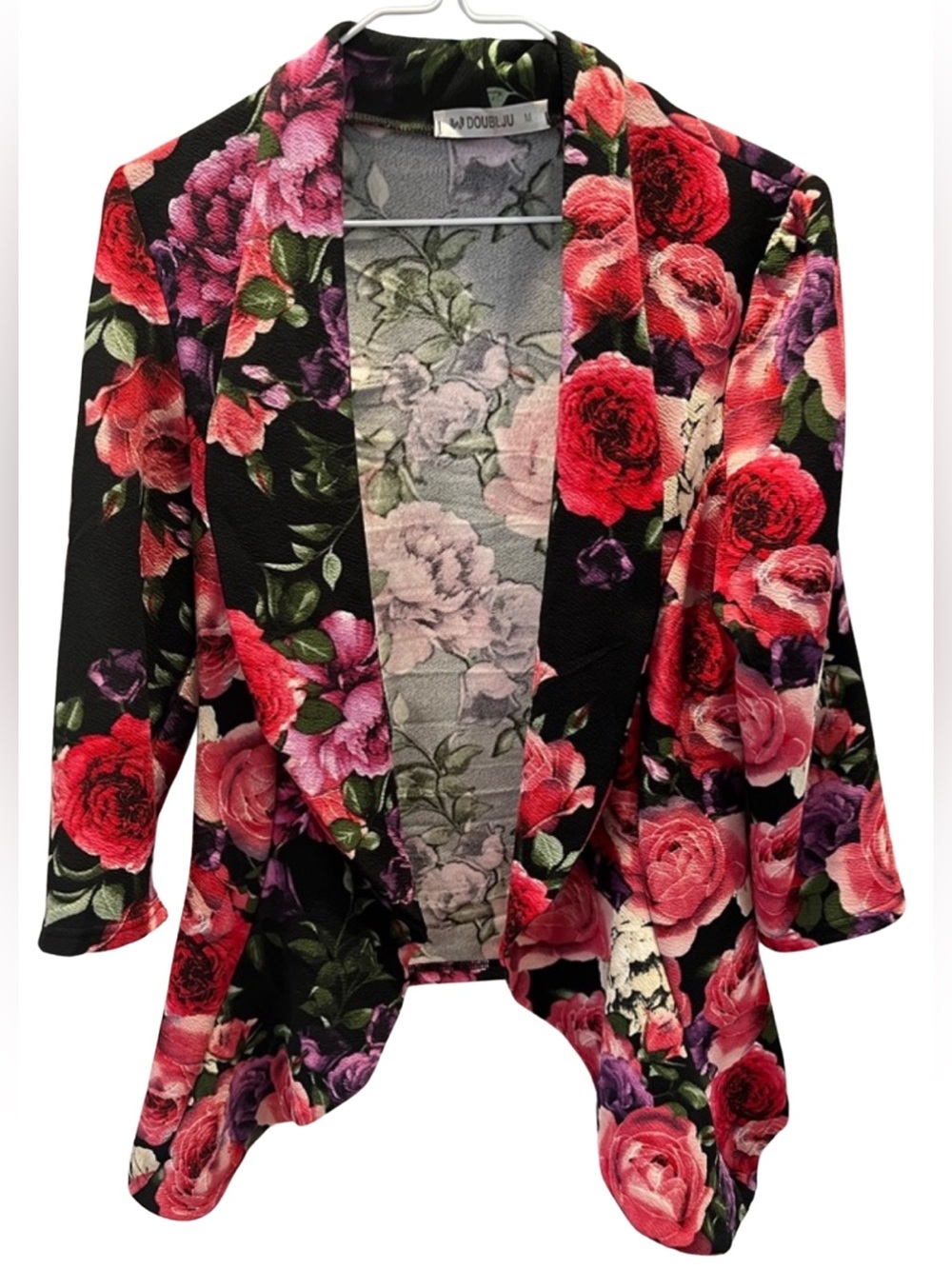 Doublju Black Floral Open-Front Blazer with Pink & Purple Roses